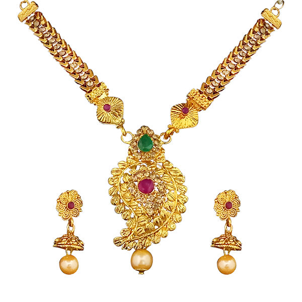 JewelMaze Maroon And Green Austrian Stone Gold Plated Necklace Set - 1113910
