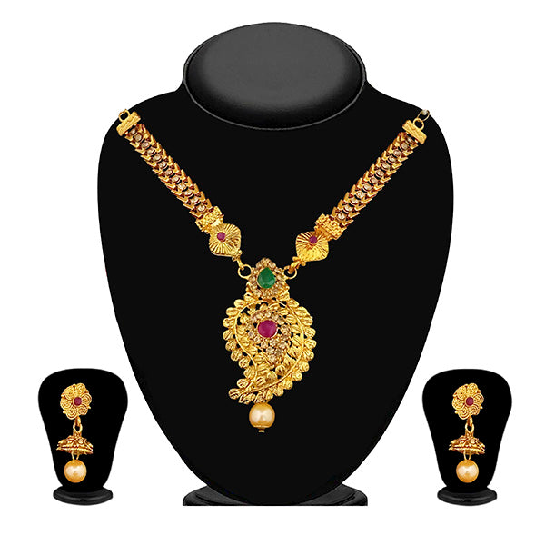JewelMaze Maroon And Green Austrian Stone Gold Plated Necklace Set - 1113910