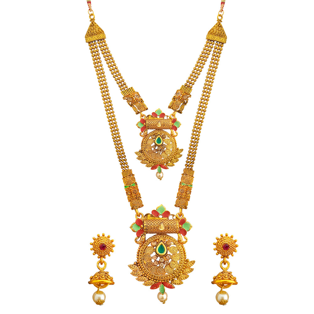 JewelMaze Gold Plated Pota Stone And Pearl Double Necklace Set