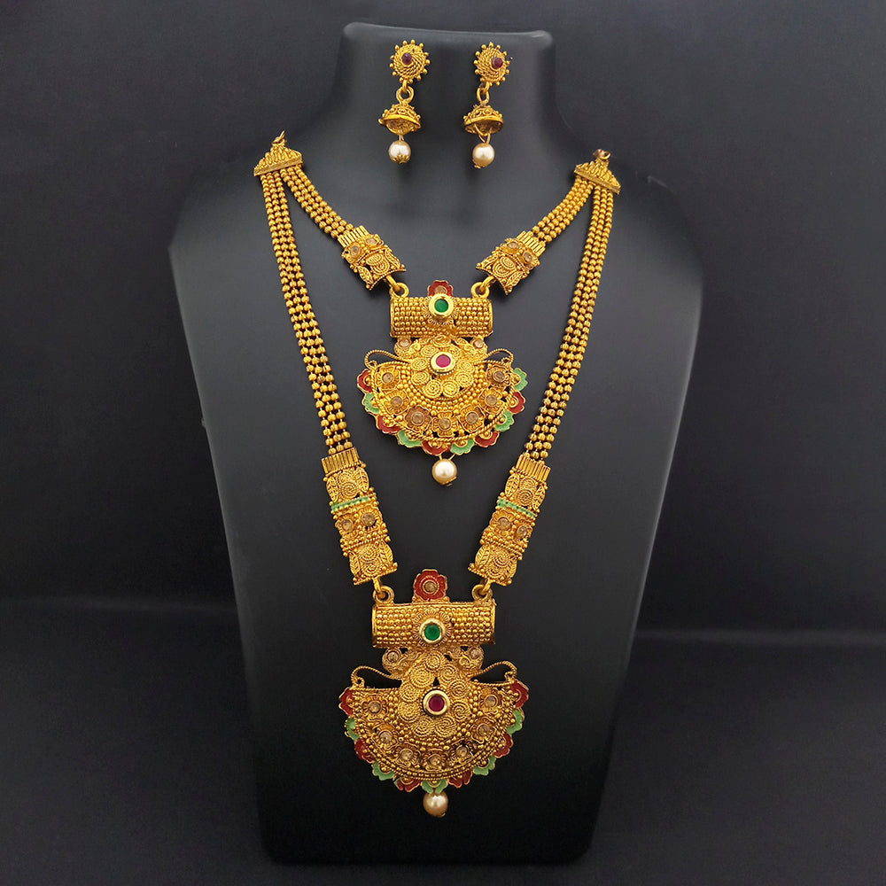 JewelMaze Gold Plated Pota Stone And Pearl Double Necklace Set