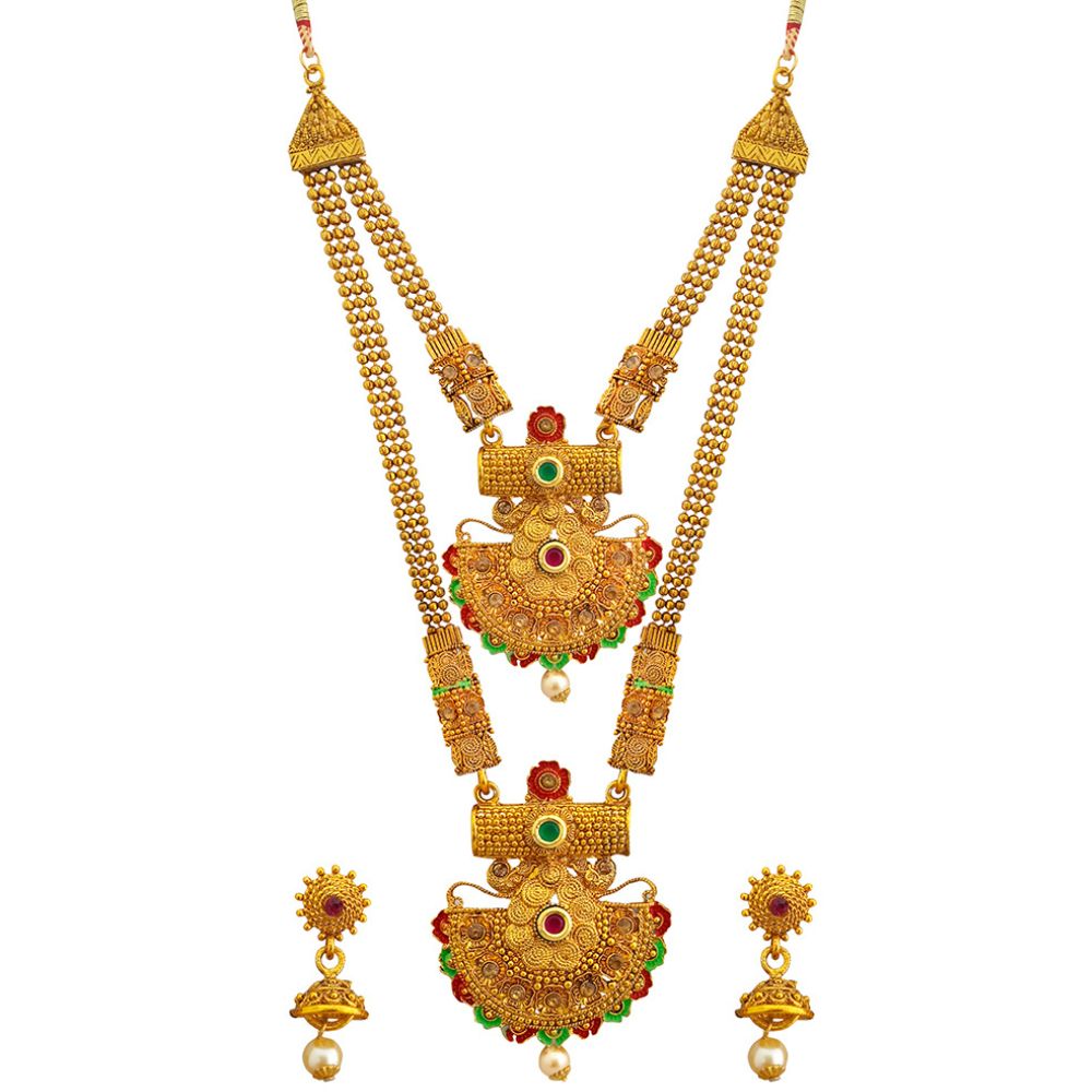 JewelMaze Gold Plated Pota Stone And Pearl Double Necklace Set