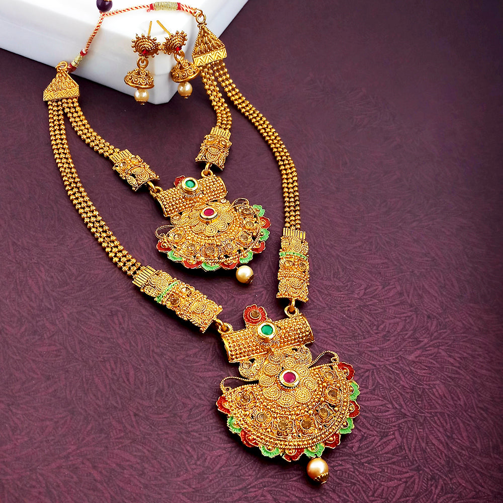 JewelMaze Gold Plated Pota Stone And Pearl Double Necklace Set