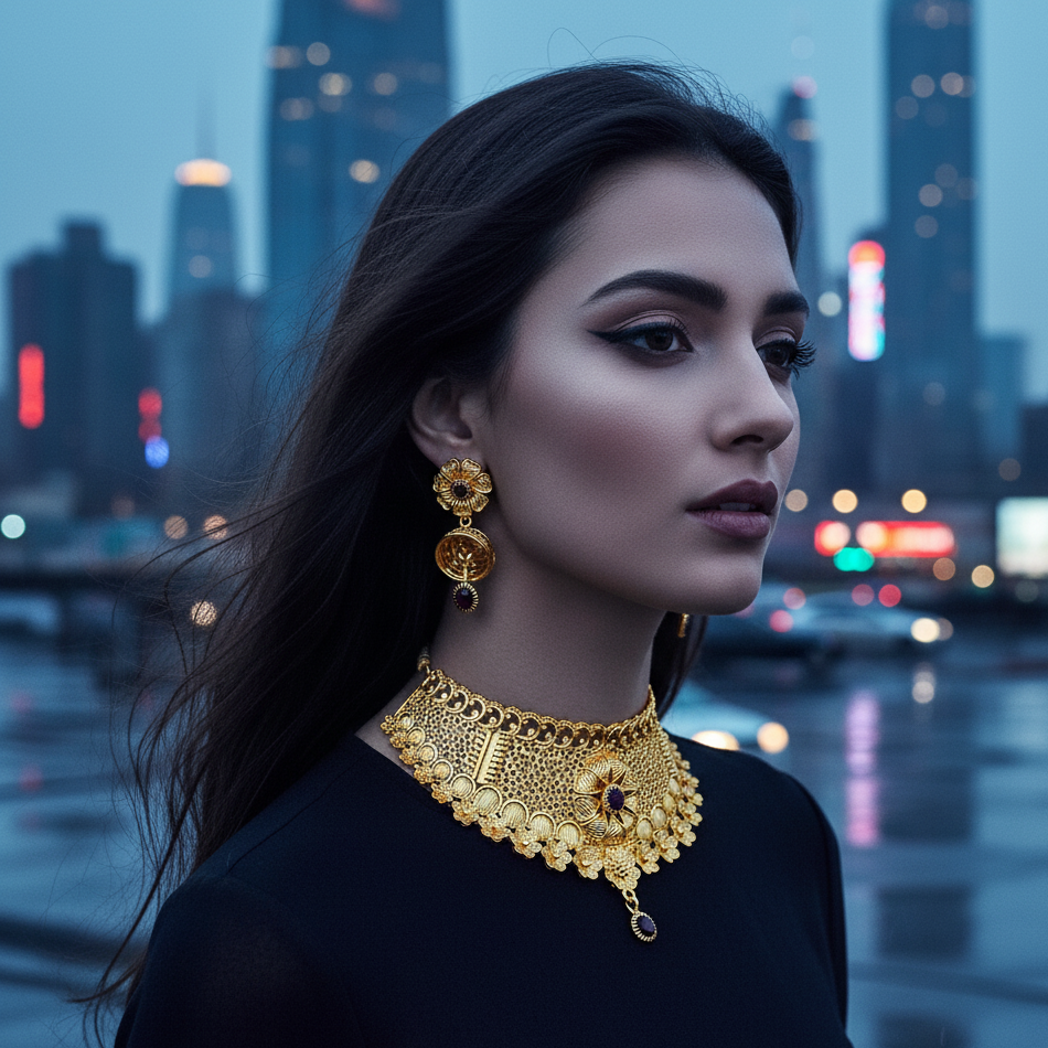 JewelMaze Gold Plated Traditional Designer Necklace & Earring Set