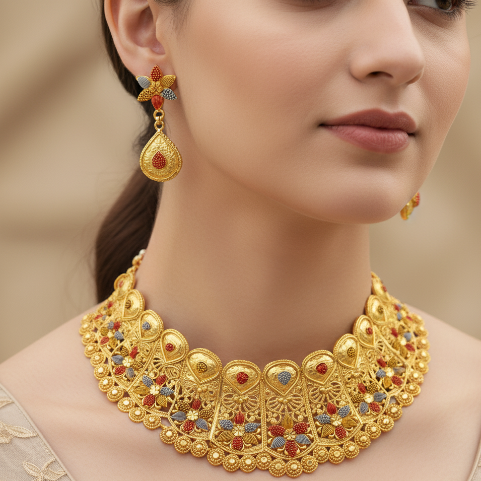 JewelMaze Gold Plated Traditional Designer Necklace & Earring Set