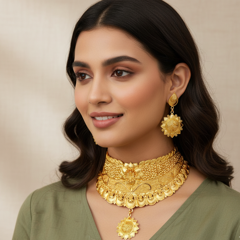 JewelMaze Gold Plated Traditional Designer Necklace & Earring Set