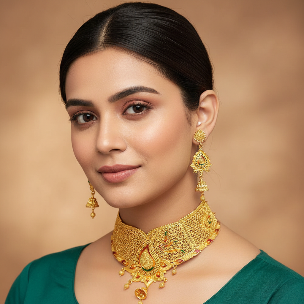JewelMaze Forming Gold Plated Traditional Designer Necklace & Earring Set