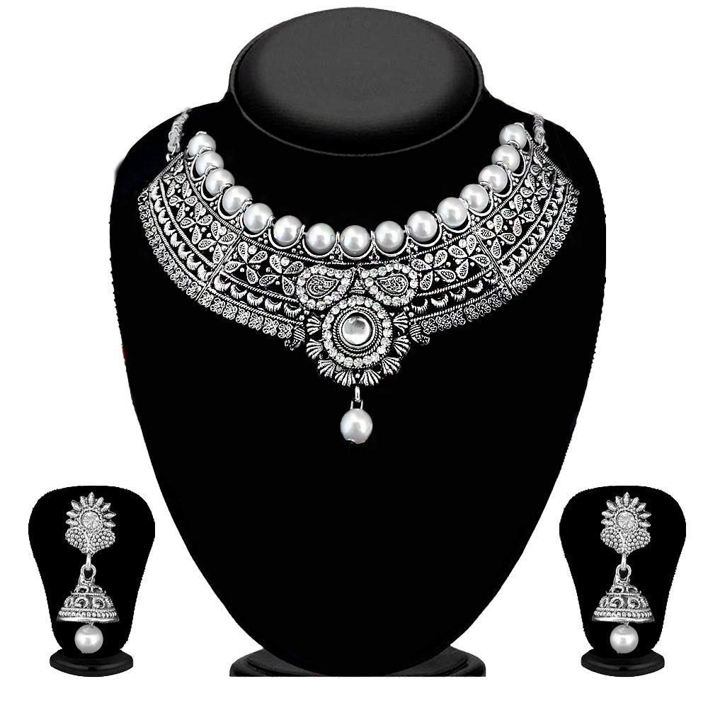 JewelMaze Antique Oxidised Jewelry Choker Necklace Set For Women