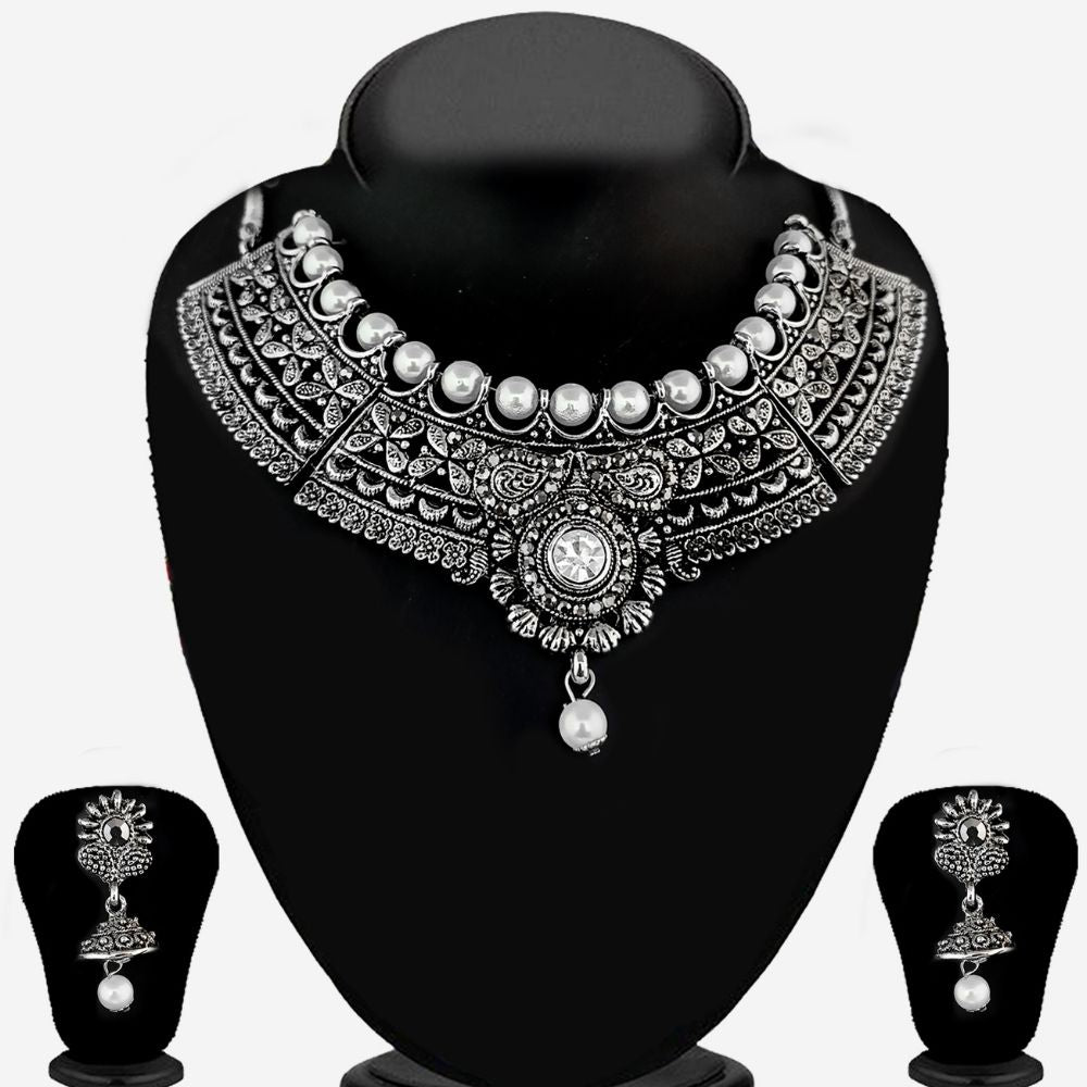 JewelMaze Antique Oxidised Jewelry Choker Necklace Set For Women