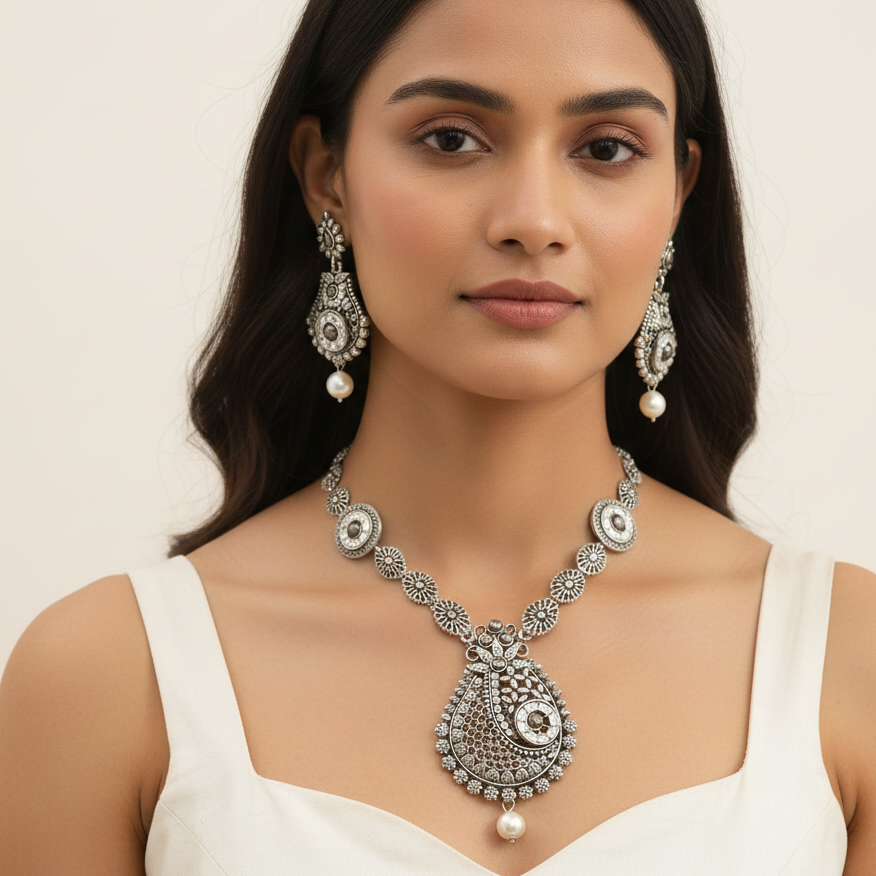 JewelMaze Elegant Oxidised long necklace Set For Traditional Wear