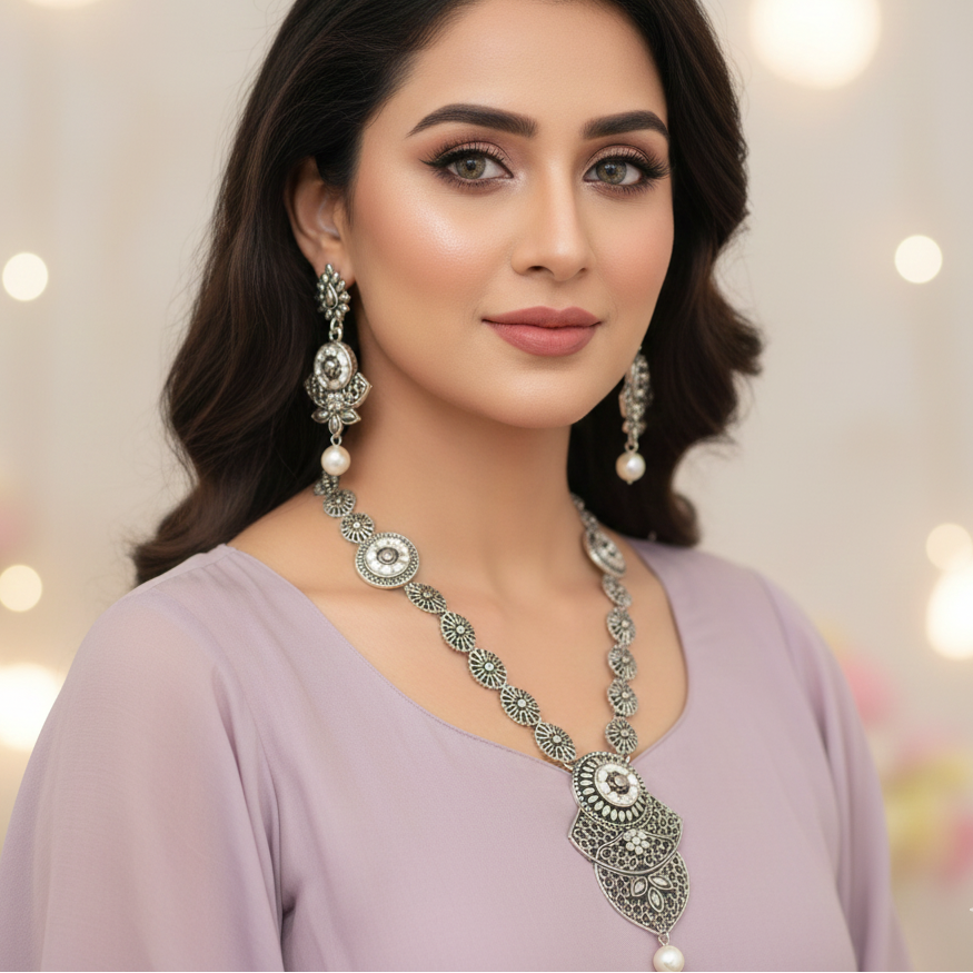 JewelMaze Elegant Oxidised long necklace Set For Traditional Wear
