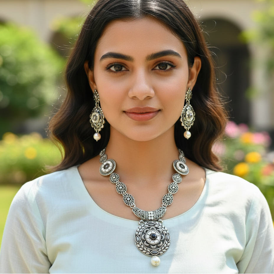 JewelMaze Elegant Oxidised long necklace Set For Traditional Wear