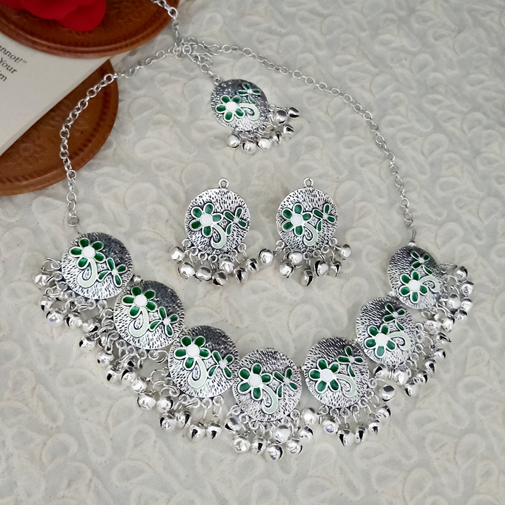 JewelMaze Oxidised Plated Green Meenakari Necklace Set With Maang Tikka