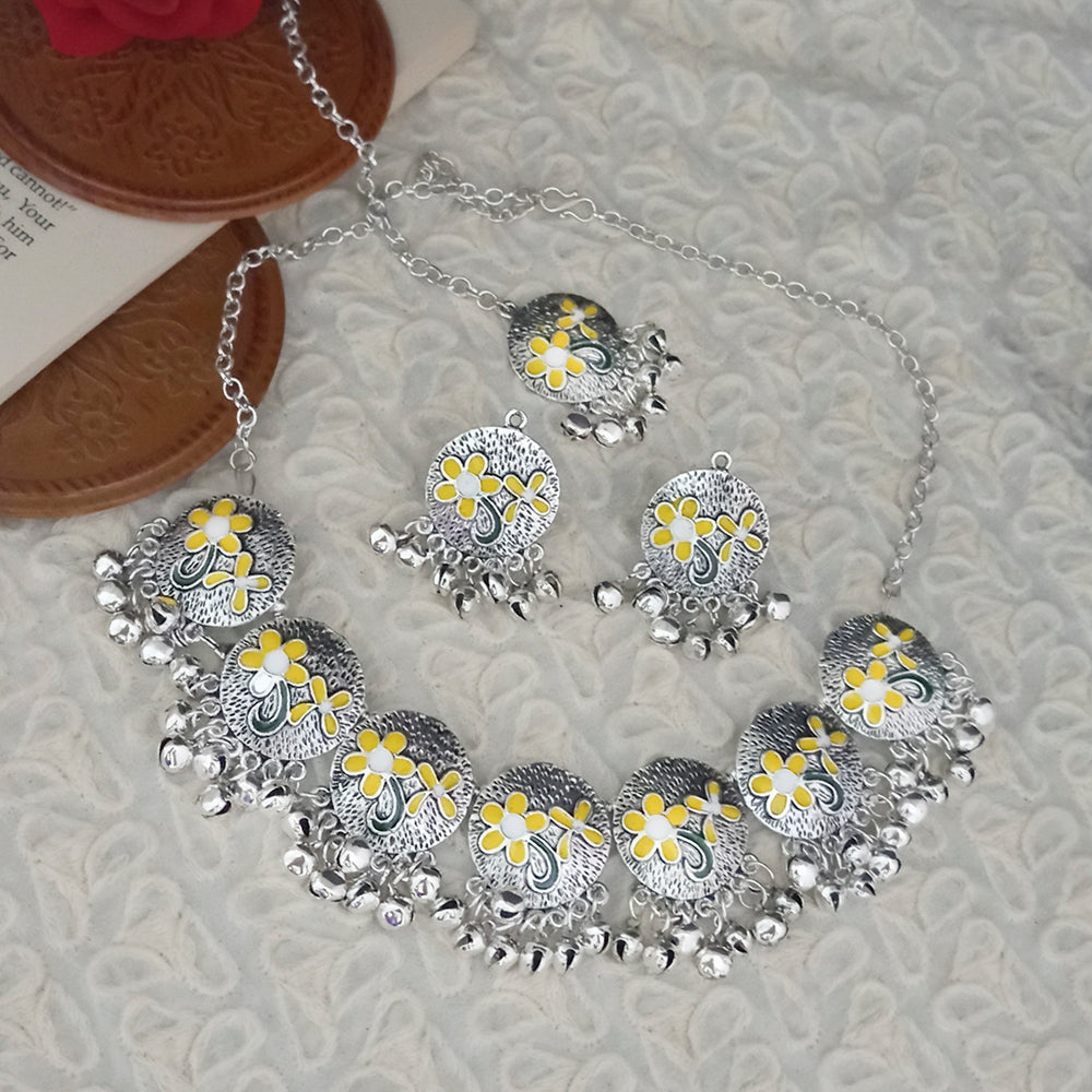 JewelMaze Oxidised Plated Yellow Meenakari Necklace Set With Maang Tikka