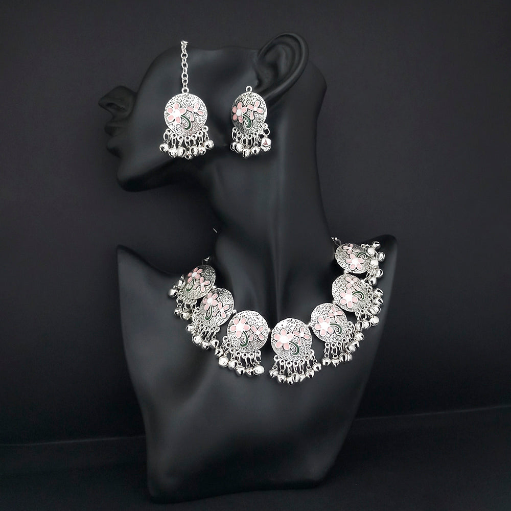 JewelMaze Oxidised Plated Peach Meenakari Necklace Set With Maang Tikka