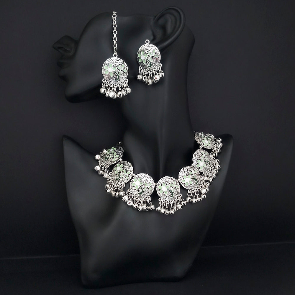 JewelMaze Oxidised Plated Light Green Meenakari Necklace Set With Maang Tikka