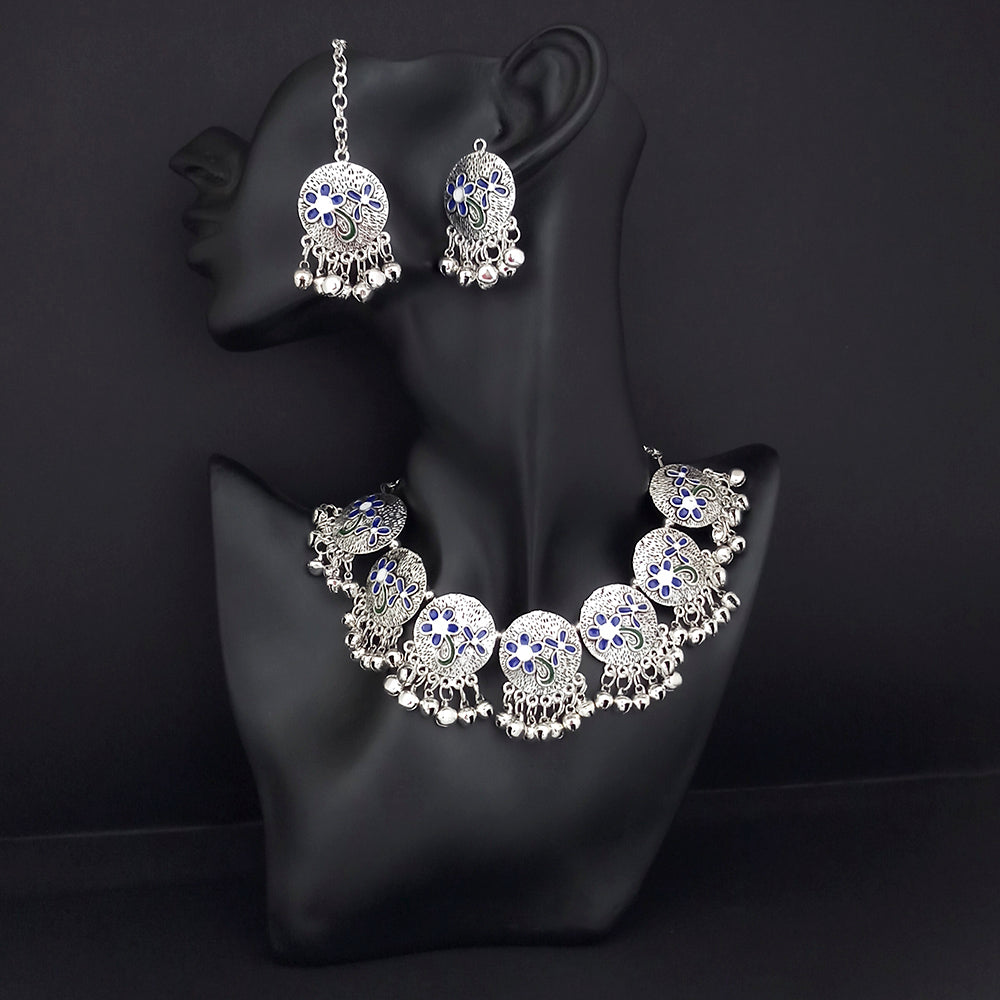 JewelMaze Oxidised Plated Blue Meenakari Necklace Set With Maang Tikka