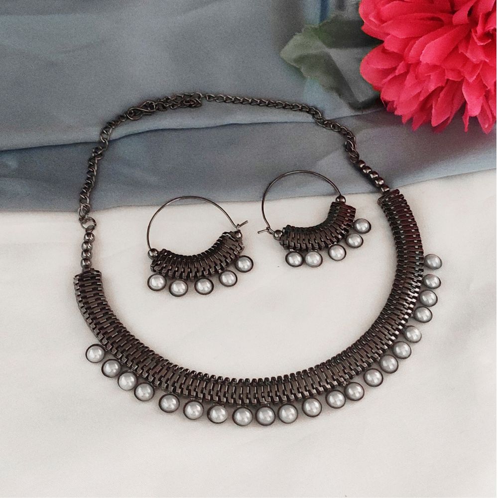 JewelMaze Antique Oxidised Jewelry Choker Necklace Set For Women