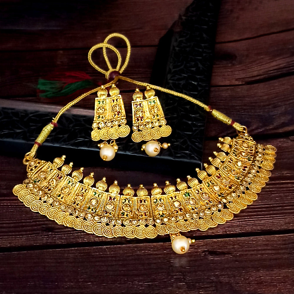 JewelMaze  Brown Austrian Stone Gold Plated Traditional Choker Necklace Set