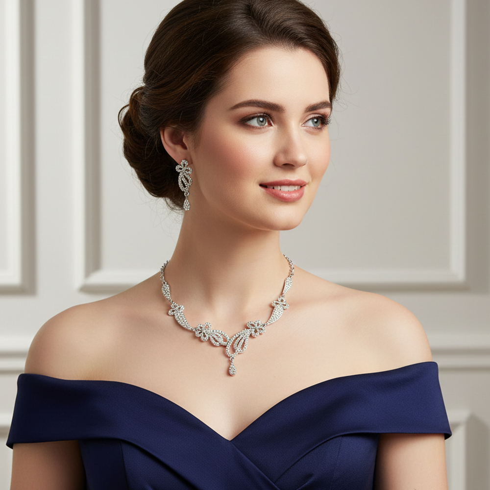 JewelMaze Premium Silver Finish Austrian Stone Jewellery Set