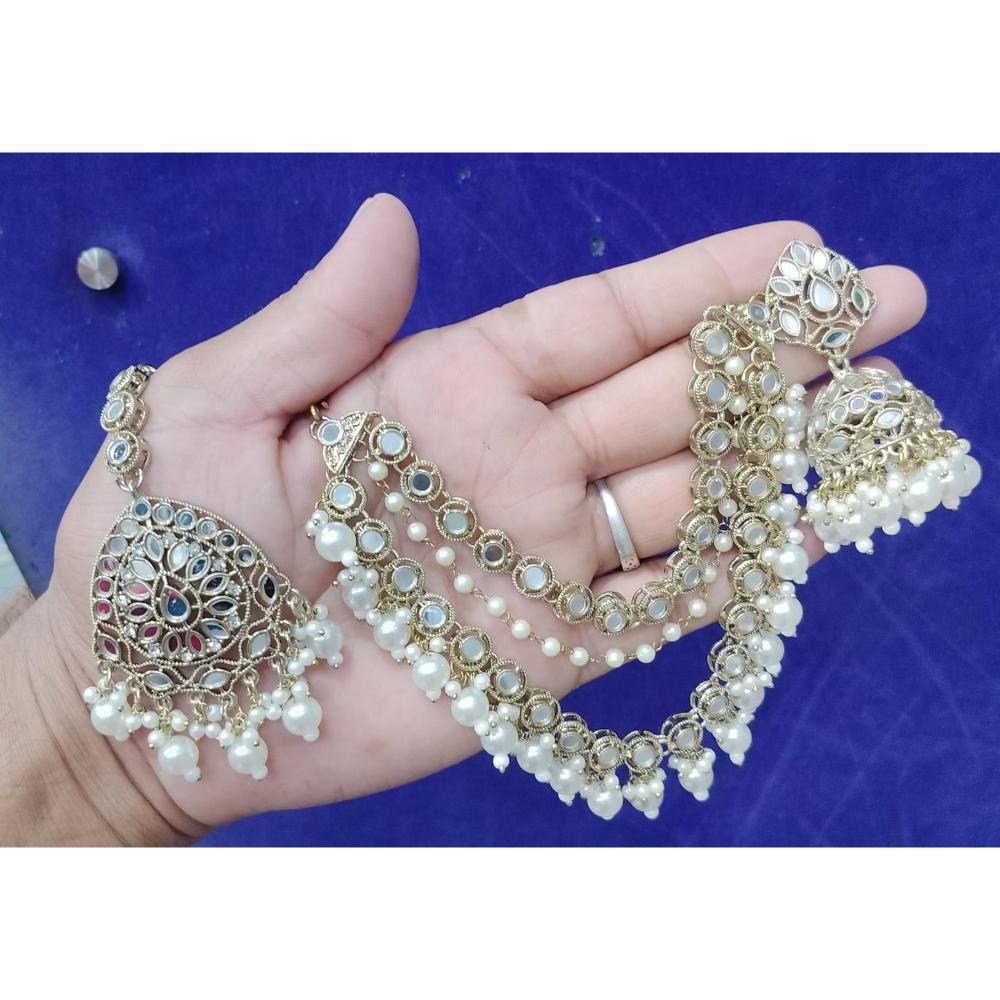 JewelMaze Gold Plated Mirror Kundan Beads Jhumki Kan Chain Earrings With Maang Tikka  - 113114728