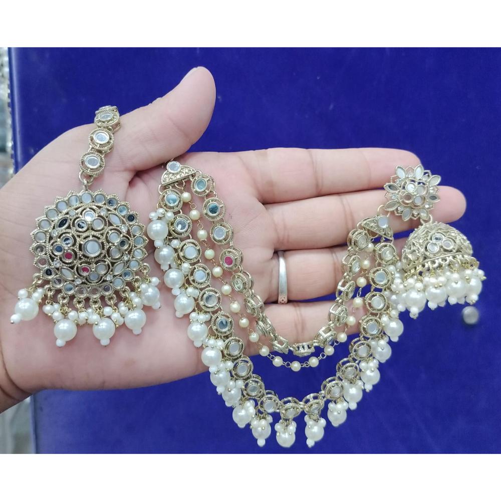 JewelMaze Gold Plated Mirror Kundan Beads Jhumki Kan Chain Earrings With Maang Tikka  - 113114729