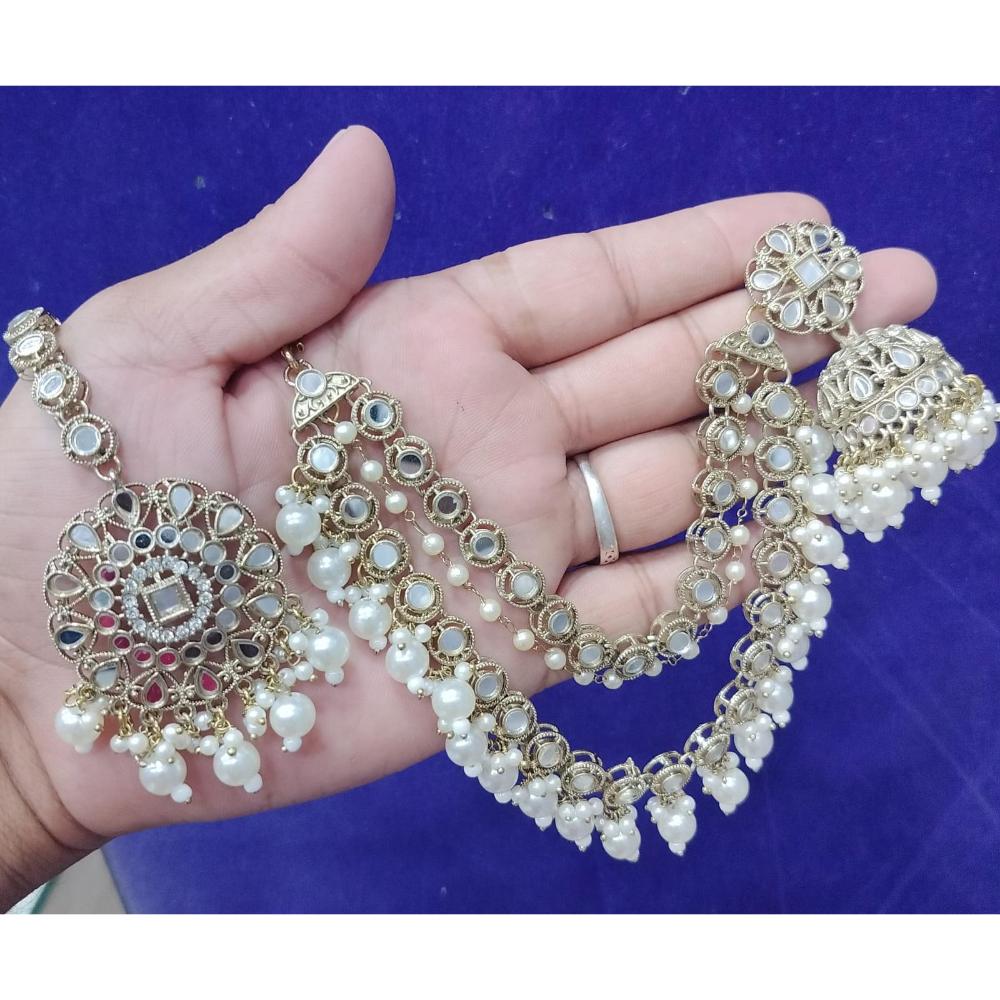 JewelMaze Gold Plated Mirror Kundan Beads Jhumki Kan Chain Earrings With Maang Tikka  - 113114730