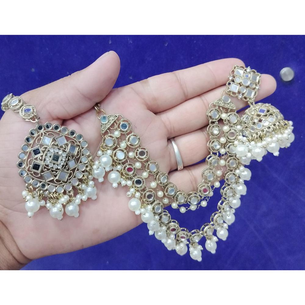 JewelMaze Gold Plated Mirror Kundan Beads Jhumki Kan Chain Earrings With Maang Tikka  - 113114731