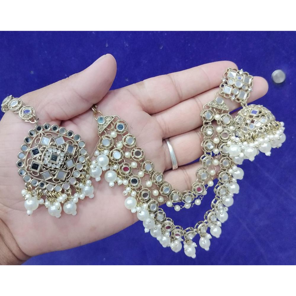 JewelMaze Gold Plated Mirror Kundan Beads Jhumki Kan Chain Earrings With Maang Tikka  - 113114732