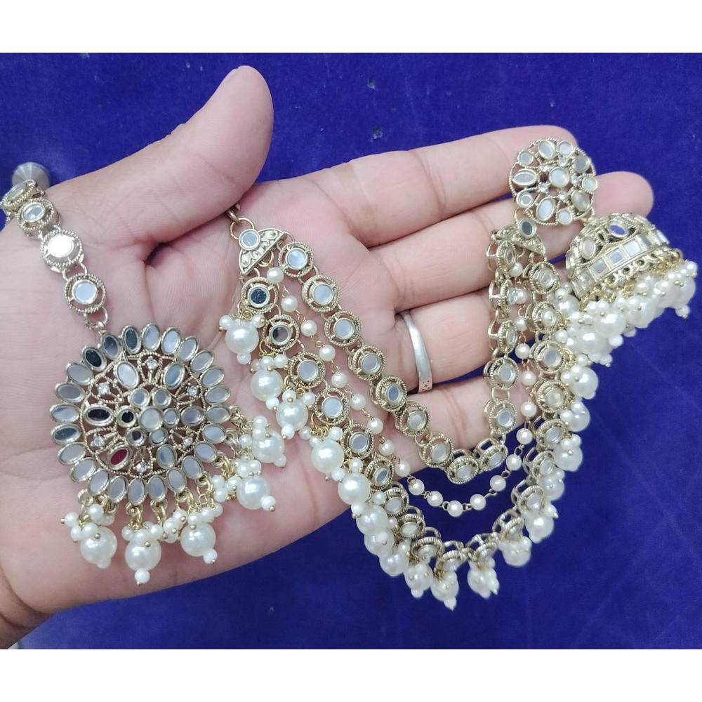 JewelMaze Gold Plated Mirror Kundan Beads Jhumki Kan Chain Earrings With Maang Tikka  - 113114733