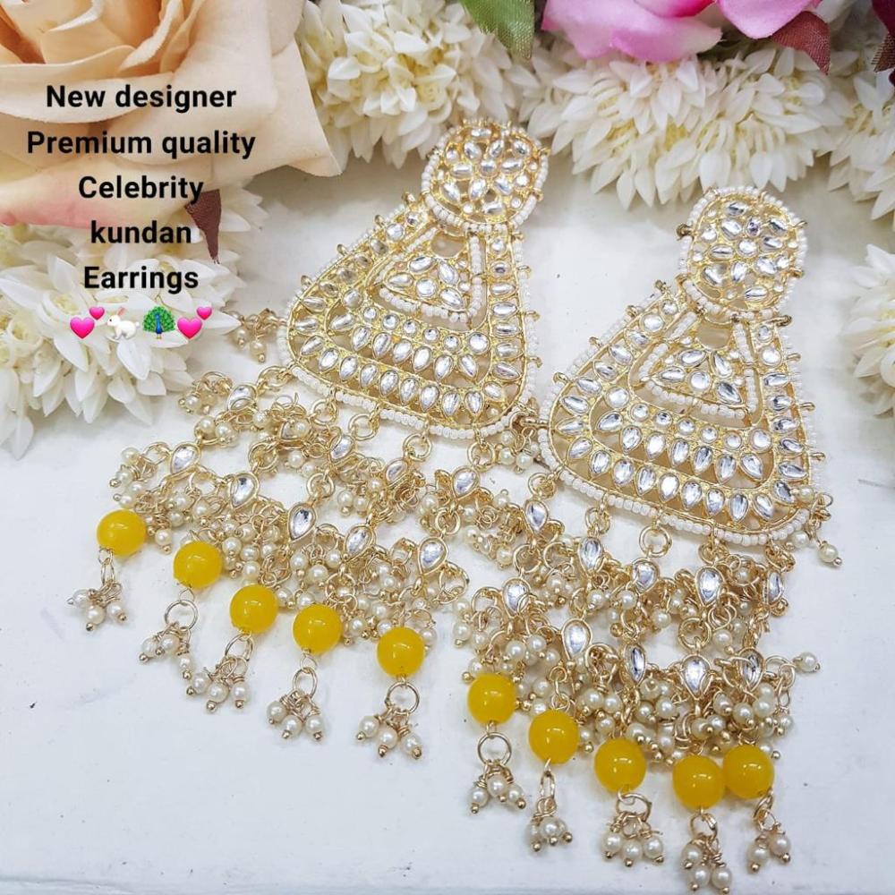 JewelMaze Gold Plated Yellow Beads & Kundan Dangler Earrings