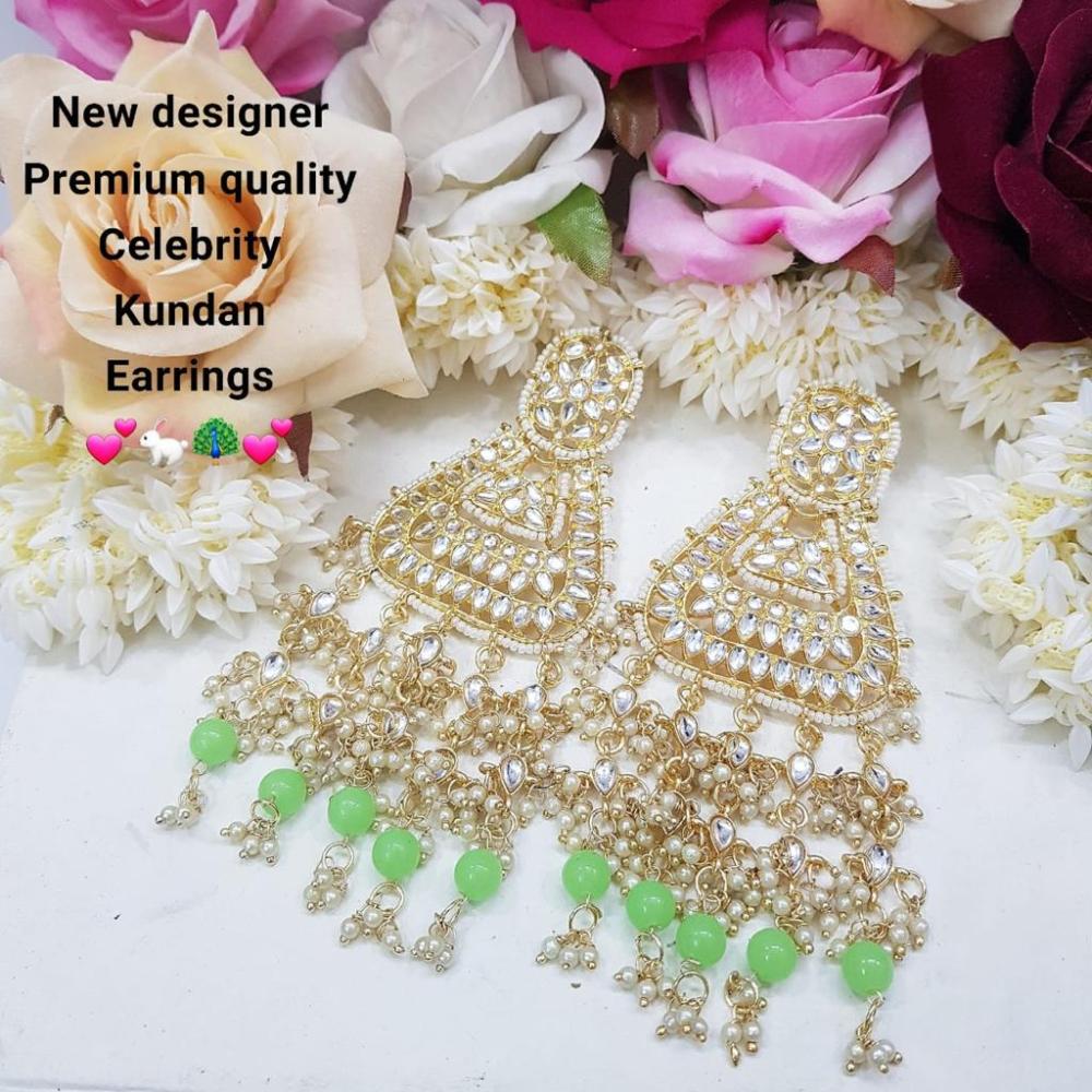 JewelMaze Gold Plated Light Green Beads & Kundan Dangler Earrings