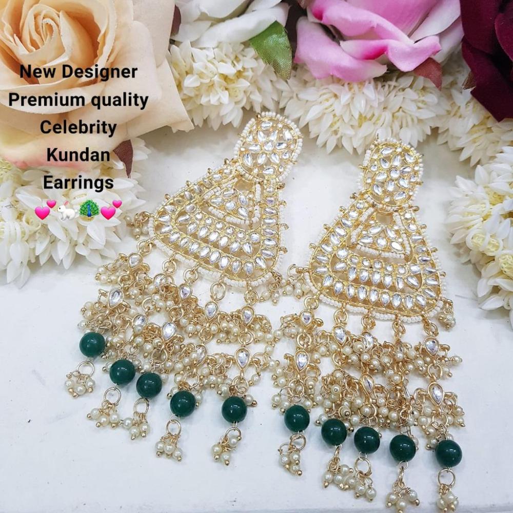 JewelMaze Gold Plated Green Beads & Kundan Dangler Earrings