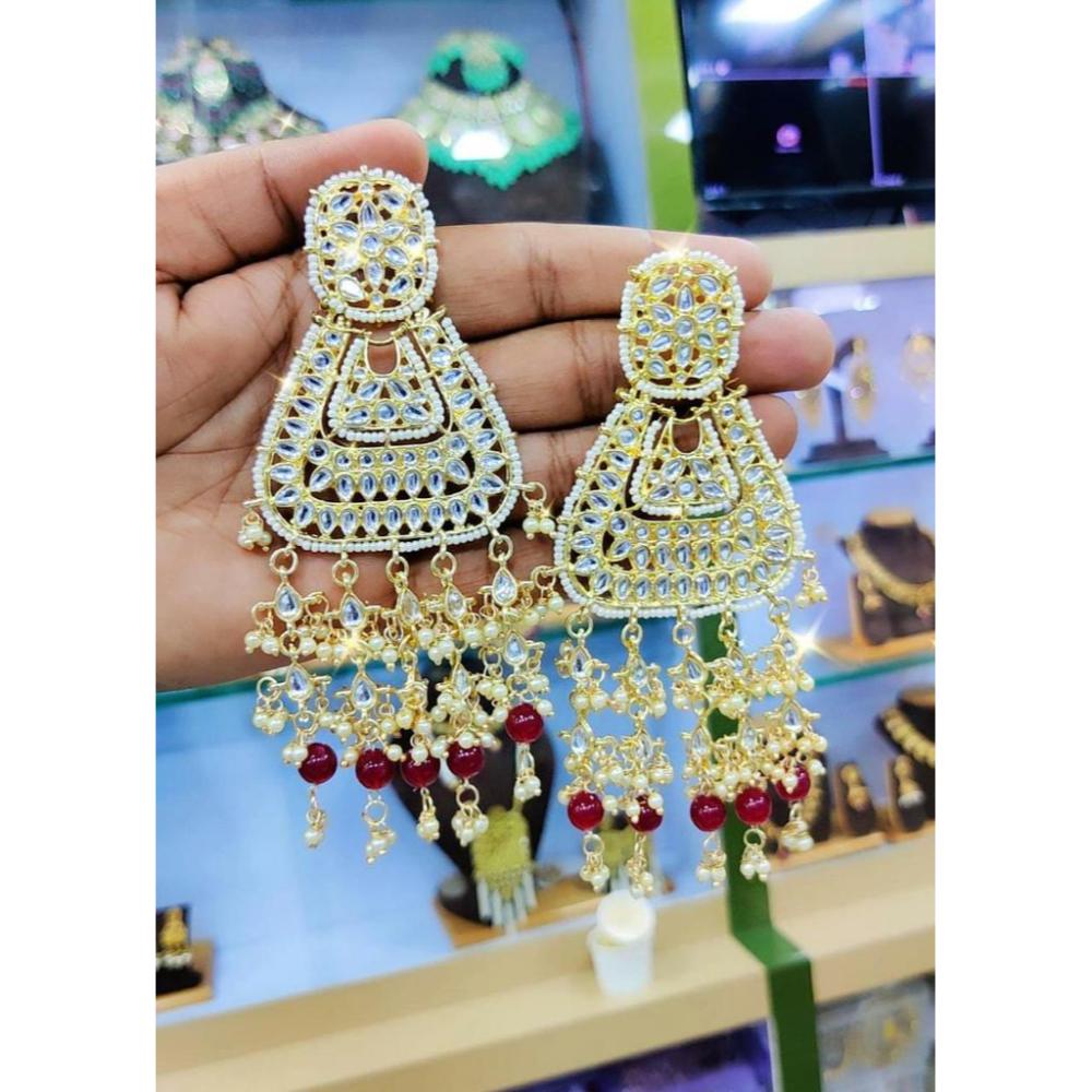 JewelMaze Gold Plated Maroon Beads & Kundan Dangler Earrings