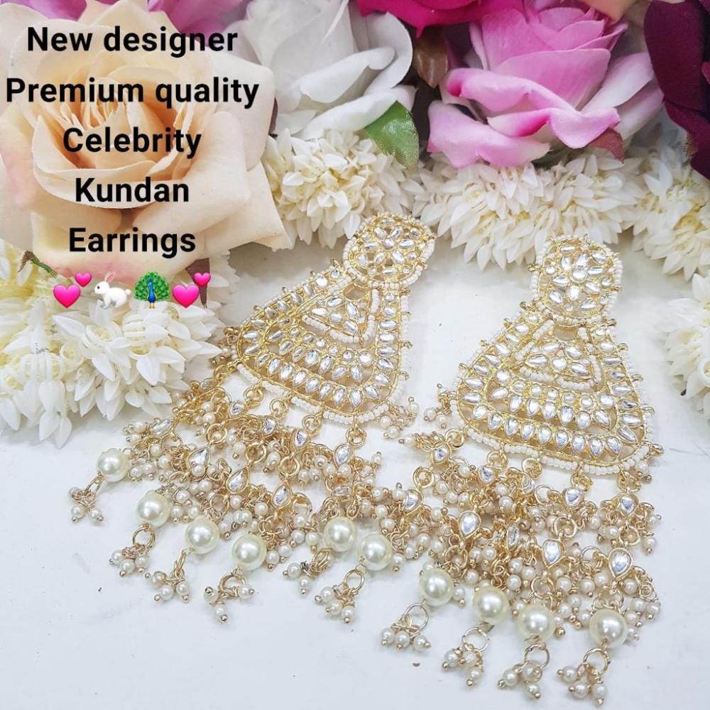 JewelMaze Gold Plated White Beads & Kundan Dangler Earrings
