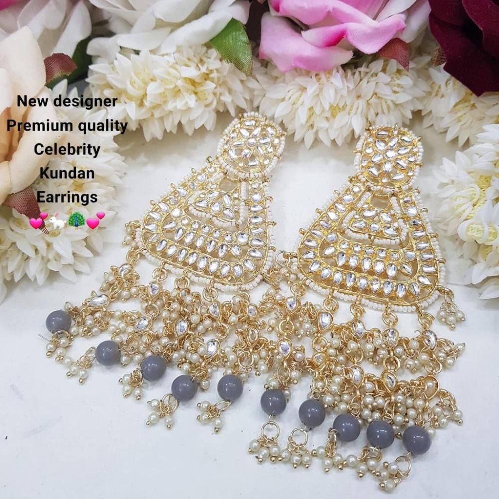 JewelMaze Gold Plated Grey Beads & Kundan Dangler Earrings