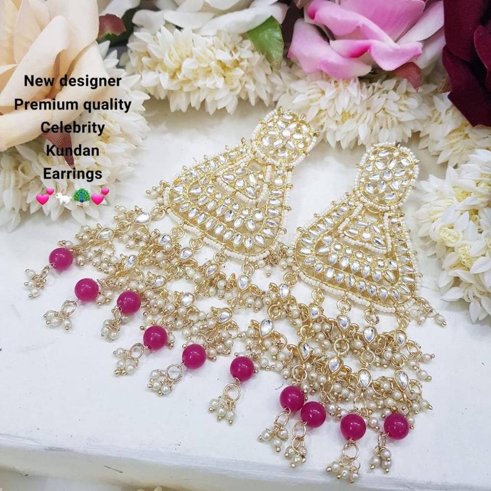 JewelMaze Gold Plated Pink Beads & Kundan Dangler Earrings