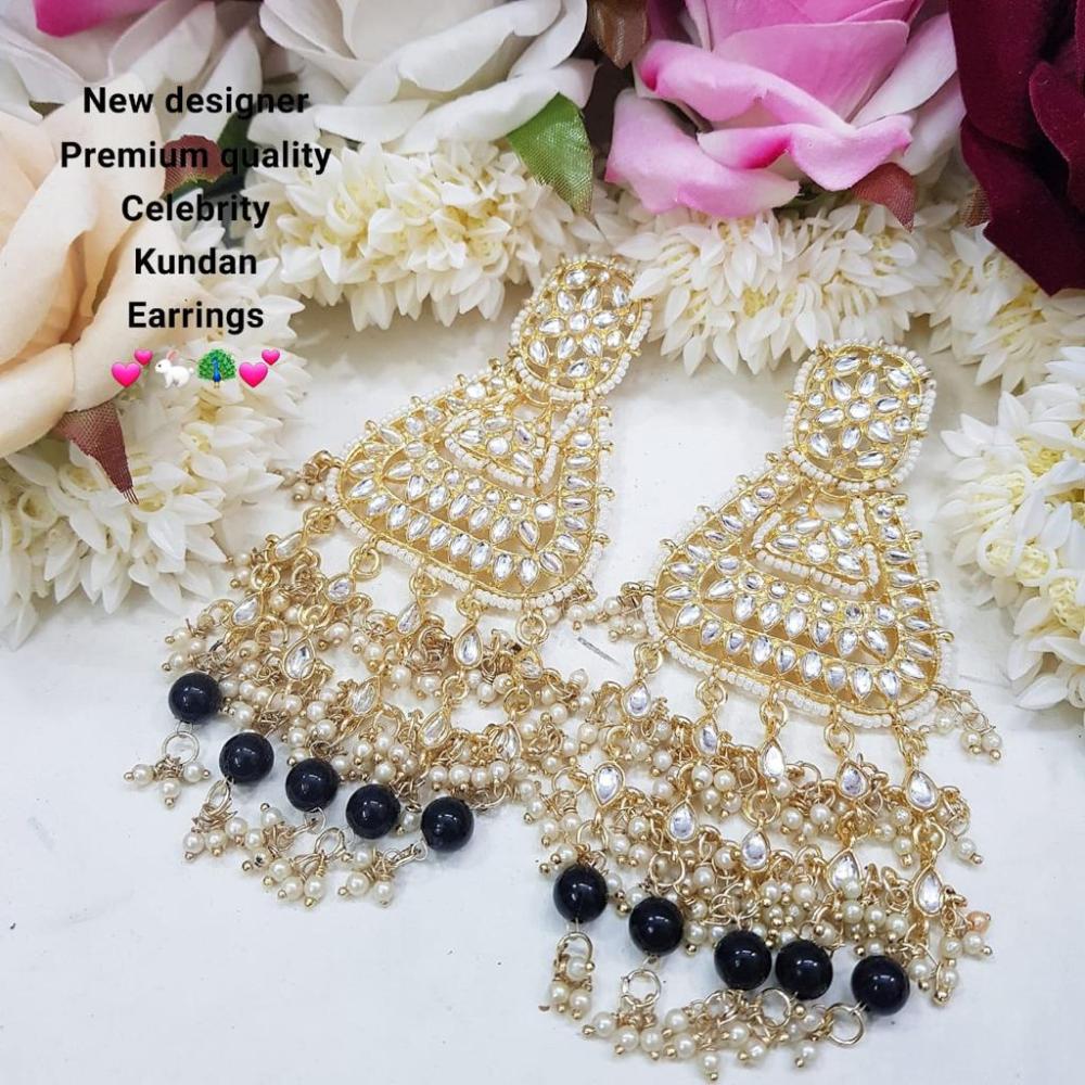JewelMaze Gold Plated Black Beads & Kundan Dangler Earrings