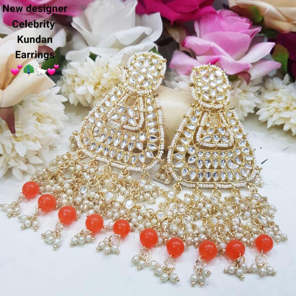 JewelMaze Gold Plated Orange Beads & Kundan Dangler Earrings