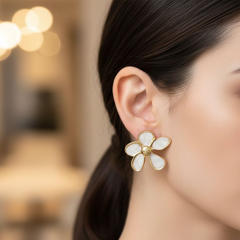 JewelMaze Demi Fine Anti Tarnish White Blossom Statement Studs