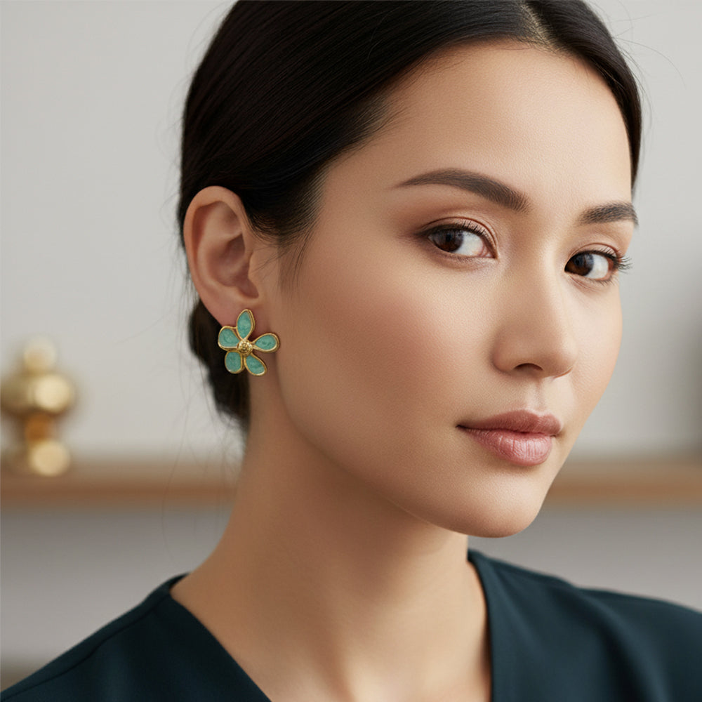 JewelMaze Demi Fine Anti Tarnish Green Blossom Statement Studs