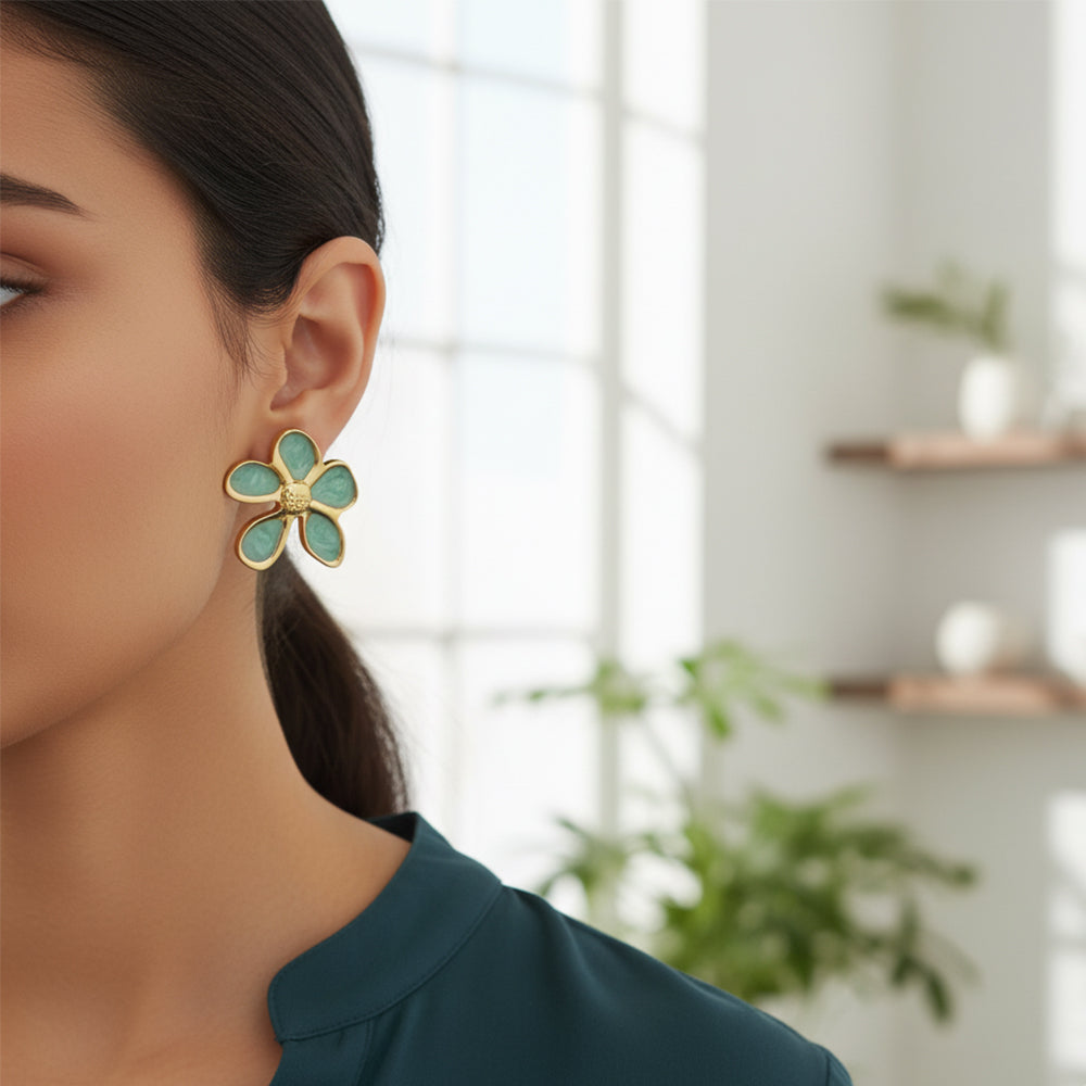 JewelMaze Demi Fine Anti Tarnish Green Blossom Statement Studs