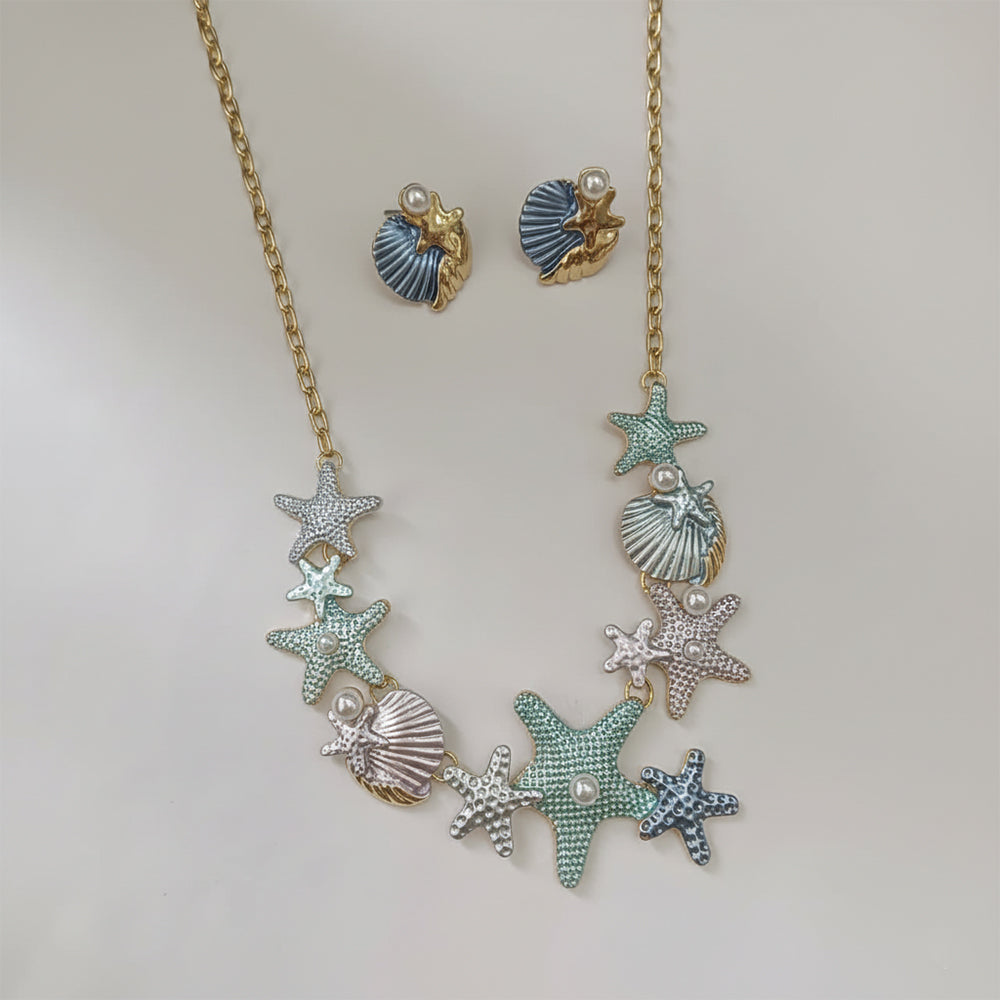 JewelMaze Demi Fine Anti Tarnish Sea Shell & Starfish Necklace Set