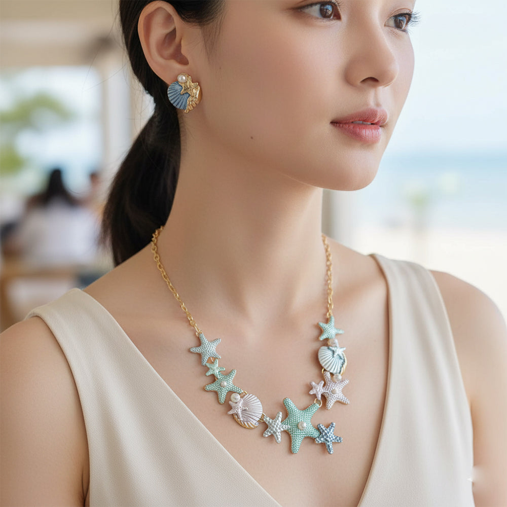JewelMaze Demi Fine Anti Tarnish Sea Shell & Starfish Necklace Set