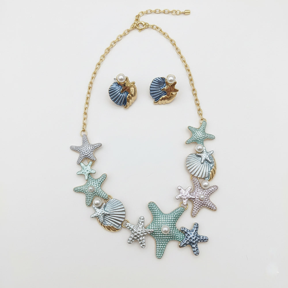 JewelMaze Demi Fine Anti Tarnish Sea Shell & Starfish Necklace Set