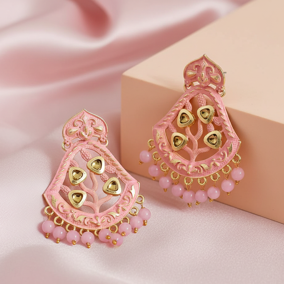 JewelMaze Pink Matte Meenakari Dangler Beads Drop Earrings -1318001C