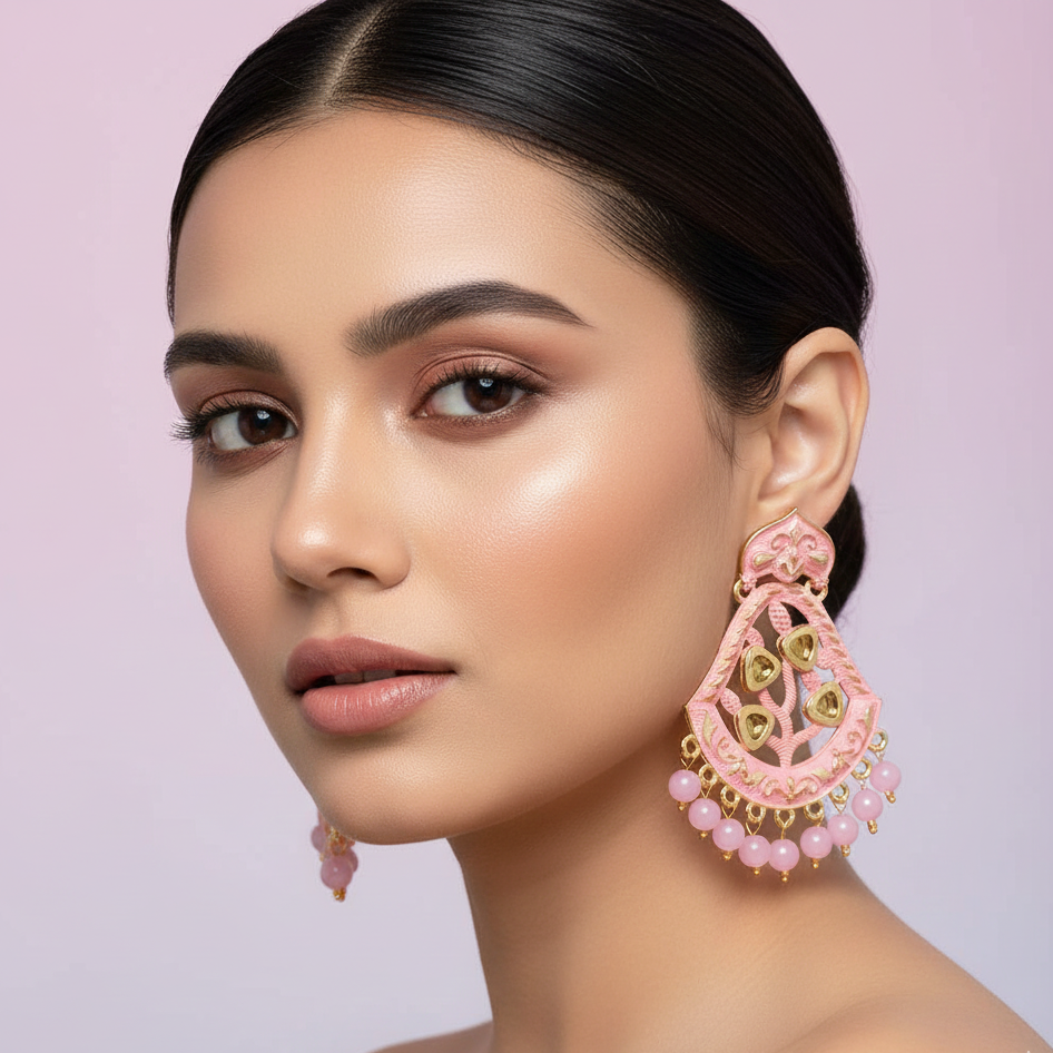 JewelMaze Pink Matte Meenakari Dangler Beads Drop Earrings -1318001C