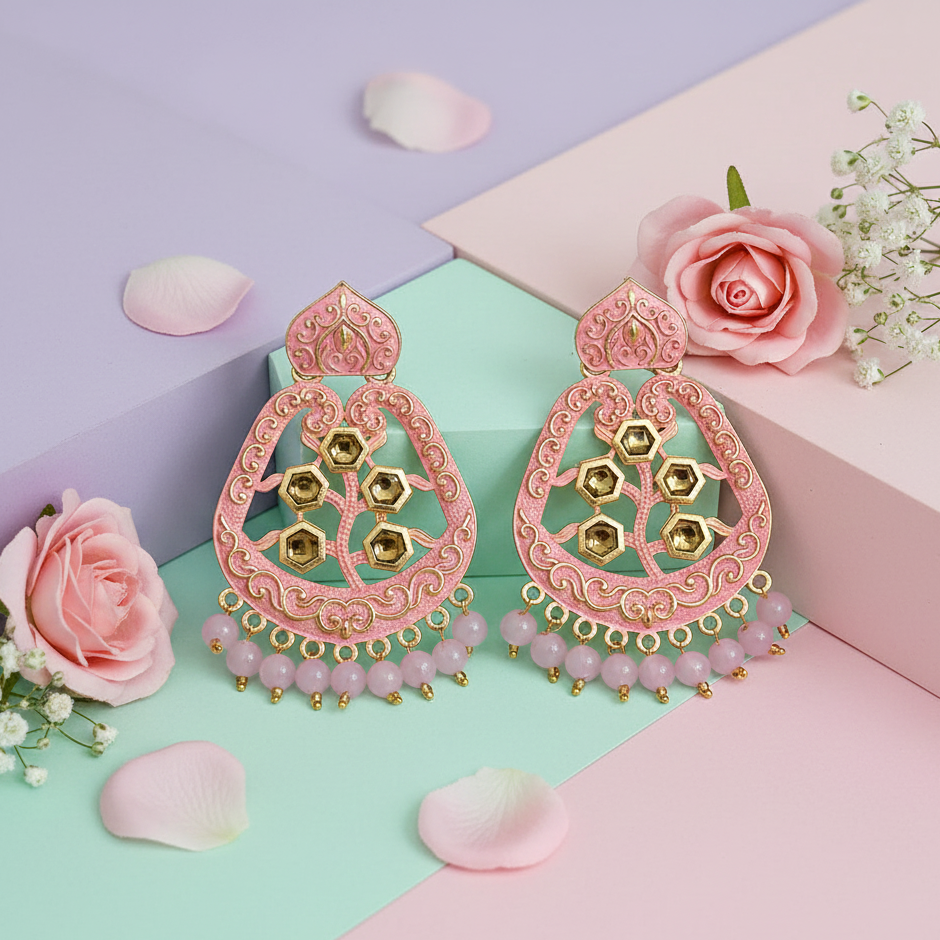 JewelMaze Pink Matte Meenakari Dangler Beads Drop Earrings -1318002C