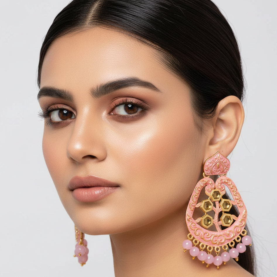 JewelMaze Pink Matte Meenakari Dangler Beads Drop Earrings -1318002C