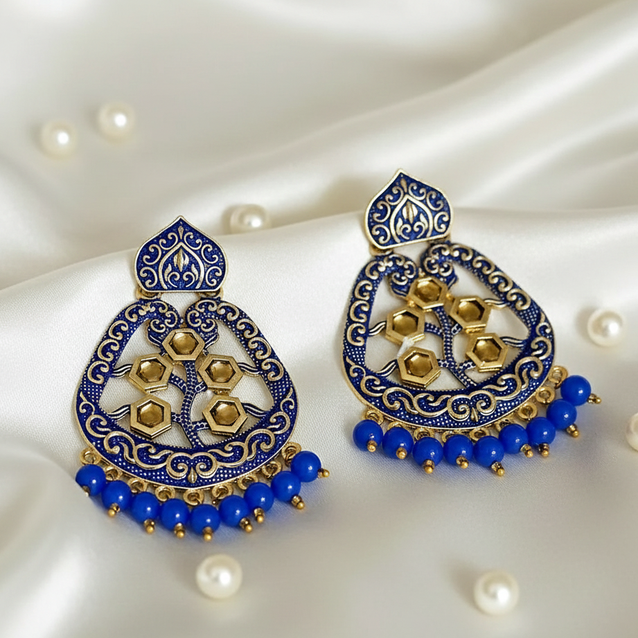 JewelMaze Blue Matte Meenakari Dangler Beads Drop Earrings -1318002E