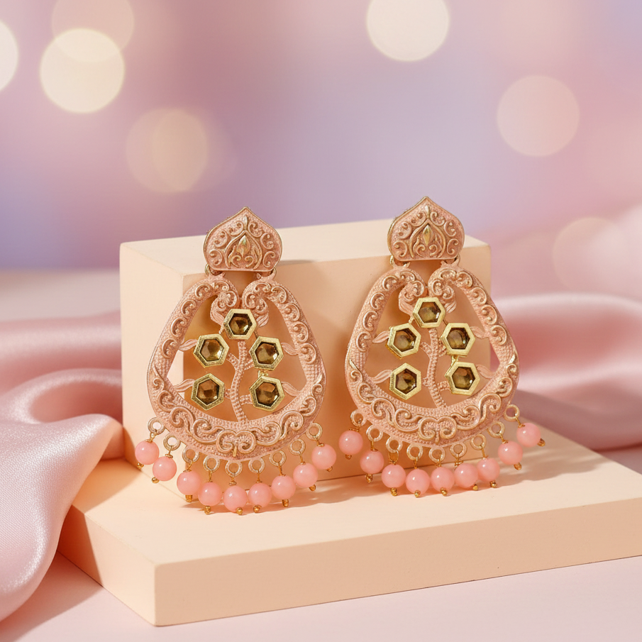 JewelMaze Peach Matte Meenakari Dangler Beads Drop Earrings -1318002H